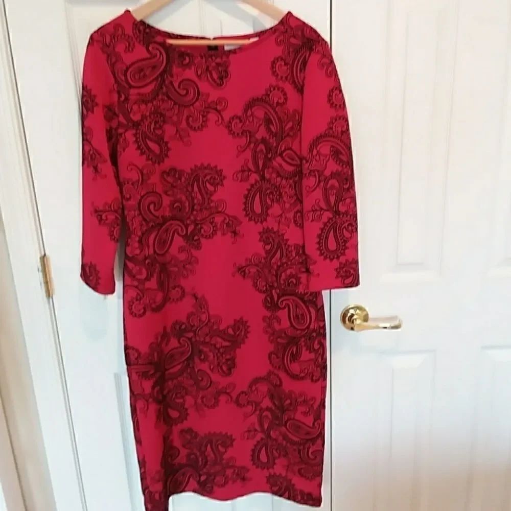 New York & Company Red Paisley Sheath Dress Sz L